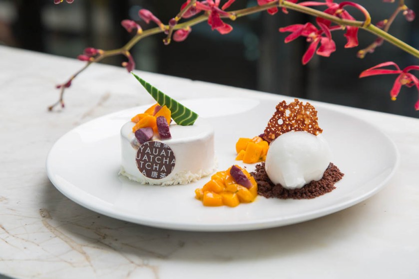 Wine-soaked water chestnut and mango cake with Sauvignon sorbet